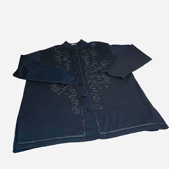 Black Merino Wool longline Jacket Cardigan - Lord & Taylor size Large - Picture 2 of 9